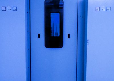server racks with closed door and fire suppression sprinkler
