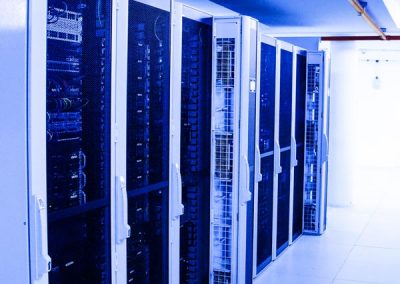 server racks with fire suppression roof pipes