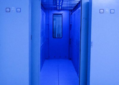 server racks with open door and fire suppression sprinkler